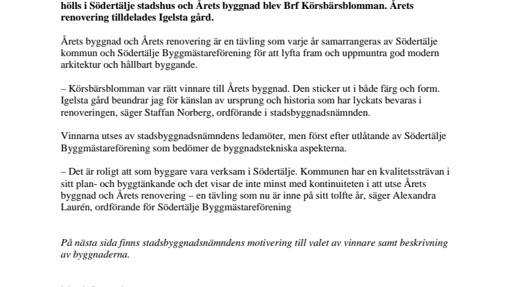Brf Körsbärsblomman vinnare av Årets byggnad,  Igelsta gård vinnare av Årets renovering