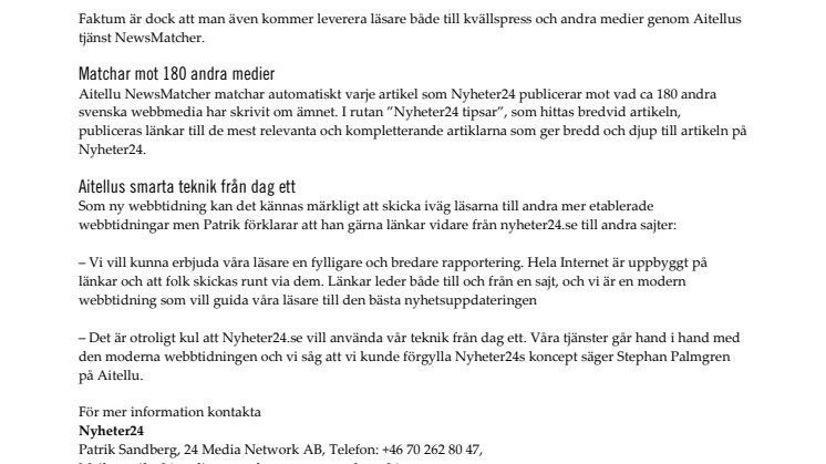 Aitellu NewsMatcher från start på Nyheter24