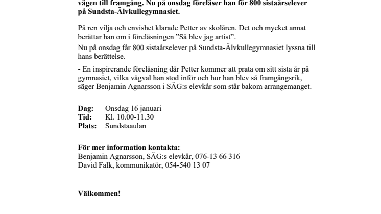 Pressinbjudan: Petter föreläser för 800 gymnasieelever
