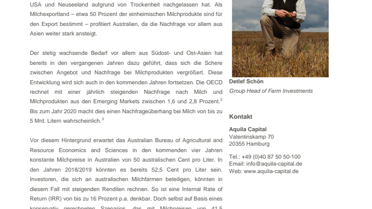 Manager-Kommentar von Aquila Capital: Australische Milchwirtschaft bietet derzeit attraktives Opportunitätsfenster für Investoren