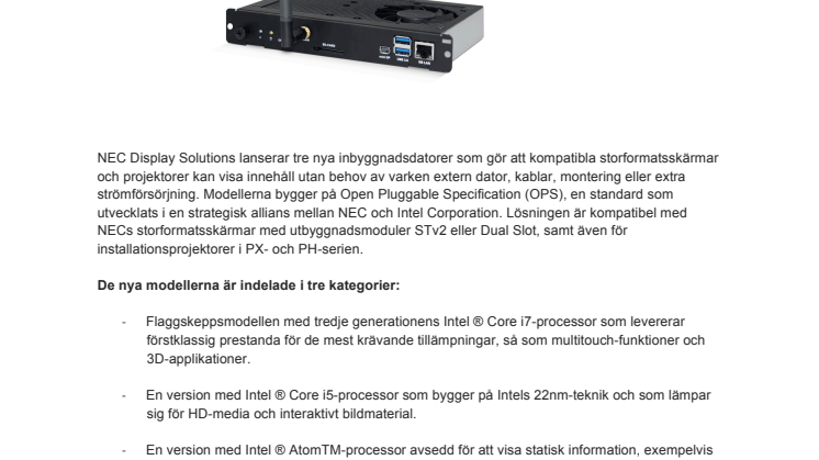 NEC Display Solutions uppdaterar integrerade PCs med tredje generationens Intel Core™-processorer