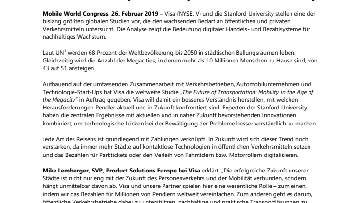 Weltweite Studie von Visa zeigt Erfolgsfaktoren für verbesserten Personenverkehr und smartere, effizientere Städte