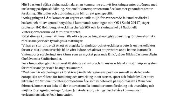 Nationellt Vintersportcentrum Åre –  Guldlabbet satsar på alpin forskning