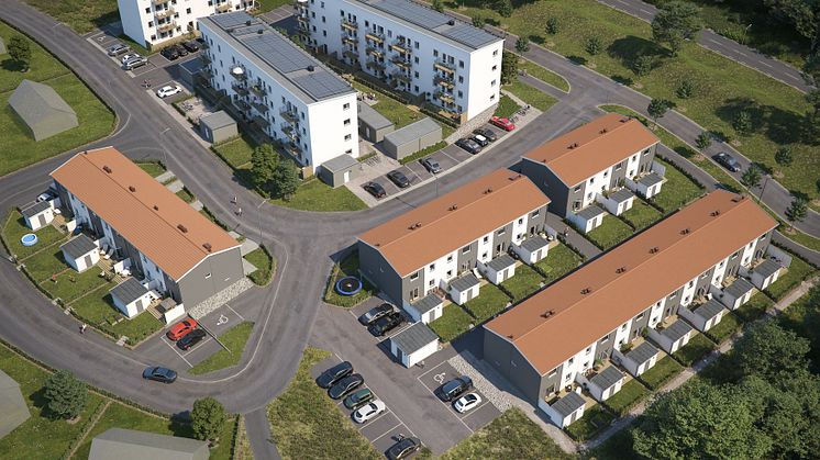 Översiktsilllustration av det kommande kvarteret med radhus (BoKlok Mittpunkten) och lägenheter (BoKlok Koordinaten) i Kvarnbäck, Höör. 