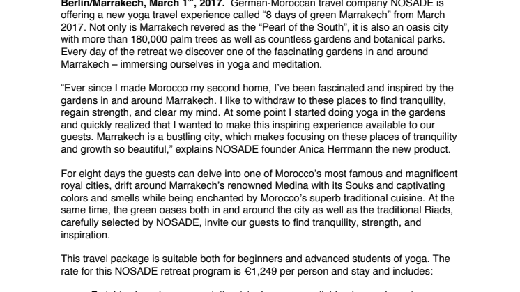 NOSADE launches new yoga retreat format “8 Days of Green Marrakech”