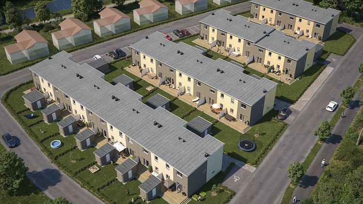 Översiktsillustration av det nya kvarteret BoKlok Magasinet i Hässleholm.