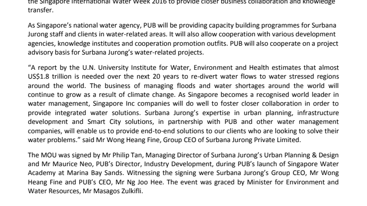 Surbana Jurong inks MOU with PUB to tap on growing water market 