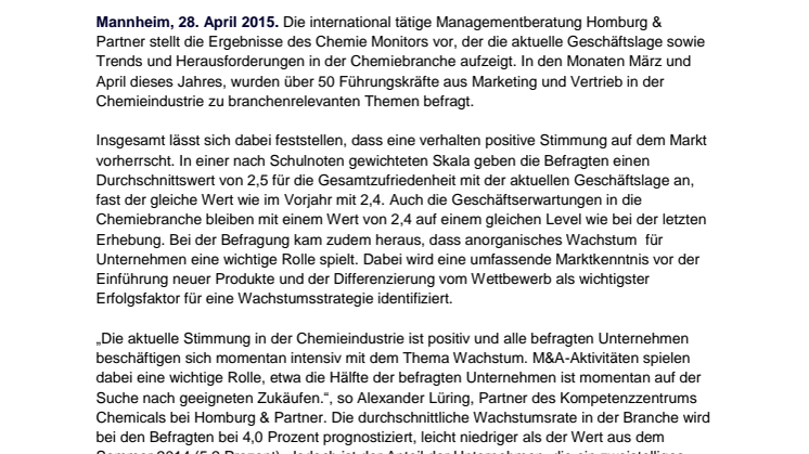 Studie zeigt positive Wirtschaftsaussichten in der Chemieindustrie  