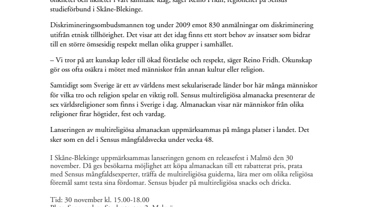 Releasefest för Sensus multireligiösa almanacka 2011– med kunskap kan vi bemöta varandra med respekt