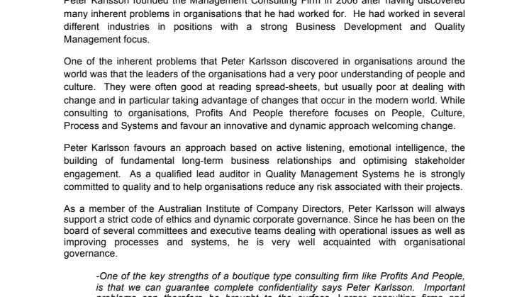  Peter Karlsson Managing Director of Profits And People Pty. Ltd.