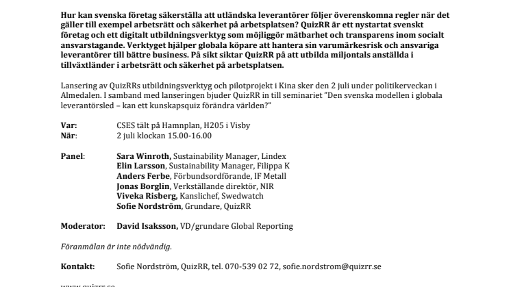 Pressinbjudan Almedalen: Den svenska modellen i globala leverantörsled  – kan ett kunskapsquiz förändra världen? 