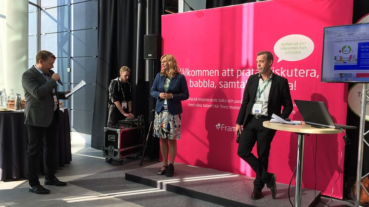 Mariette Hilmersson, vd och koncernchef Förvaltnings AB Framtiden och Martin Blixt, vd på Framtiden Byggutveckling på Business Arena Stockholm