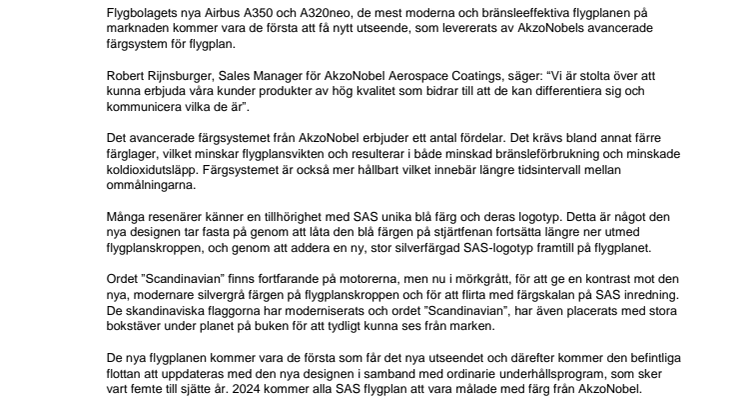 SAS hela flygplansflotta får ny design med färg från AkzoNobel