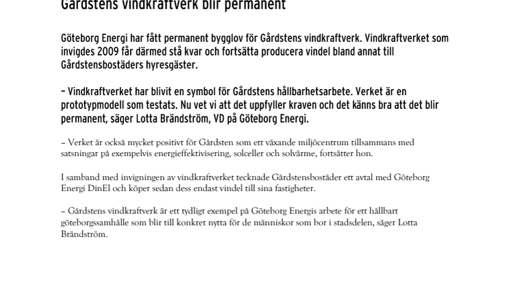 Gårdstens vindkraftverk blir permanent