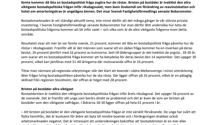 Nya Bobarometern visar: Var femte svensk låter bostadspolitik avgöra riksdagsvalet