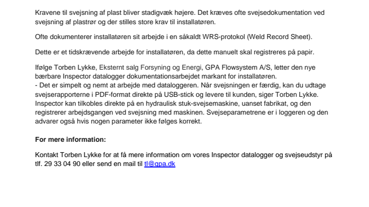 Forenklet stuksvejsning med Inspector datalogger