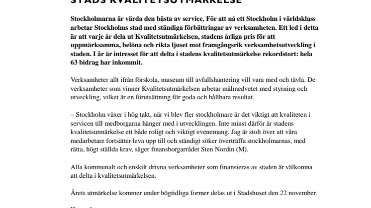 Rekordmånga deltar i Stockholms stads kvalitetsutmärkelse