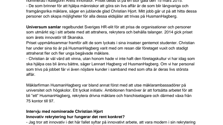 HusmanHagbergs Christian Hjort kan bli årets innovatör