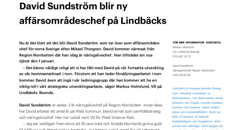 David Sundström blir ny affärsområdeschef på Lindbäcks