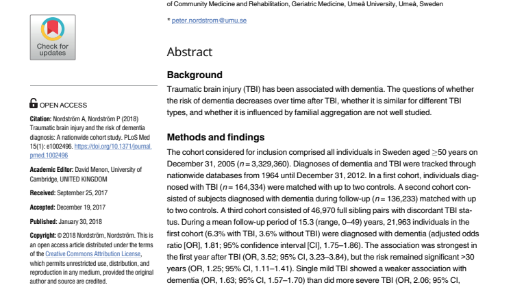 Engelsk sammanfattning av studie TBI and dementia diagnosis