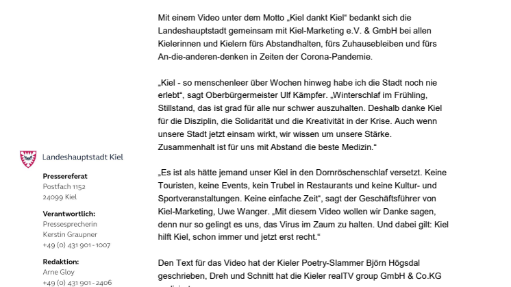 PM von LH Kiel und Kiel-Marketing: "Kiel dankt Kiel" für den Zusammenhalt - eine Videobotschaft über die Stadt in diesen Tagen - menschenleer