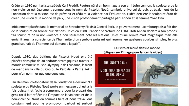 La Fondation suisse Non-Violence Project célèbre le 40e anniversaire de la sculpture du Pistolet Noué