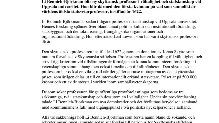 Li Bennich-Björkman får världens äldsta professur i statskunskap