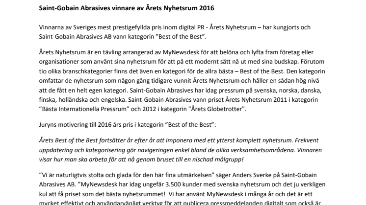 Saint-Gobain Abrasives vinnare av Årets Nyhetsrum 2015