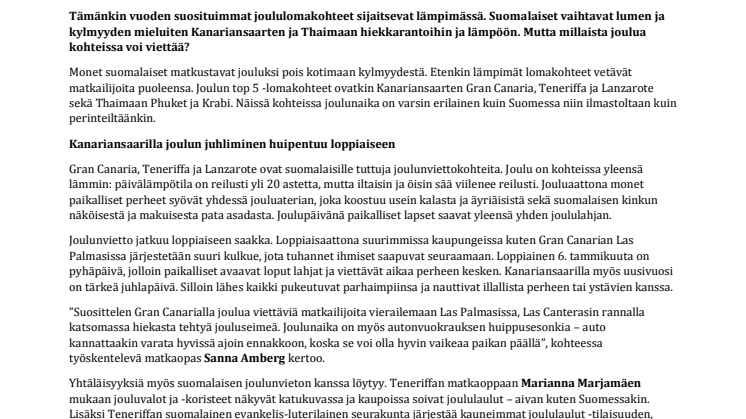 Suomalaiset kaipaavat jouluna lämpöön – Kanariansaaret ja Thaimaa kiinnostavat matkailijoita eniten