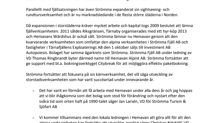 Strömma Fjäll lämnar Strömmagruppen