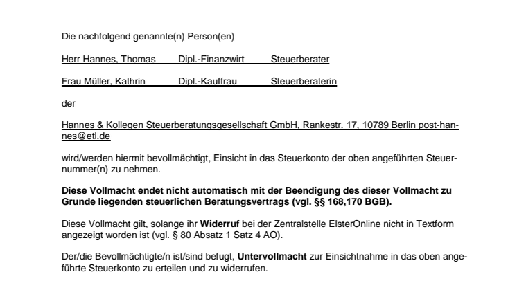 Vollmacht Steuerkonto online (Brandenburg)