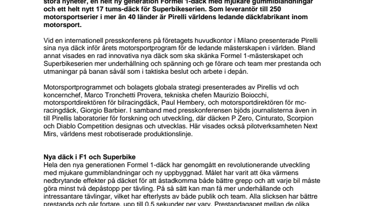 Pirellis motorsportsäsong 2013: Nya däck i F1, Superbike och 250 motorsporter