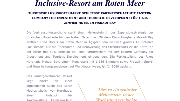 Rixos Hotels unterzeichnet Vertrag für sein bislang größtes All-Inclusive-Resort am Roten Meer