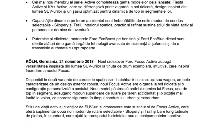 Noul crossover Ford Focus Active îmbină versatilitatea unui SUV cu dinamica de top în segment a lui Focus