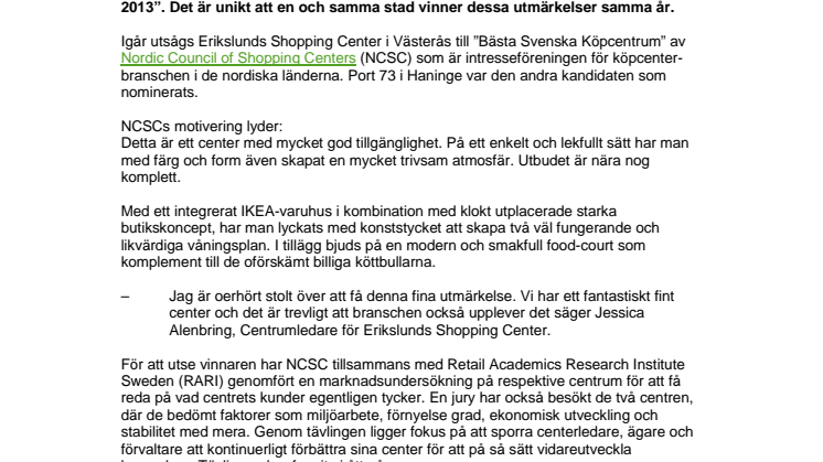 Utmärkelsen ”Bästa Svenska Köpcentrum” befäster Västerås starka position som en vinnande handelsstad