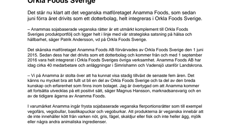 ​​​Veganska Anamma Foods integreras helt i Orkla Foods Sverige