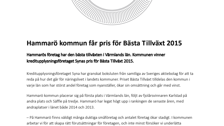Hammarö kommun får pris för Bästa Tillväxt 2015