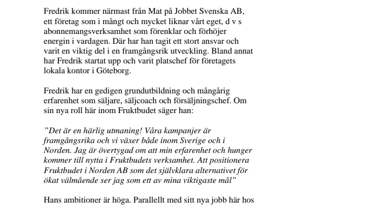 Fredrik Forsström – Ny och stark försäljningschef för Fruktbudet.