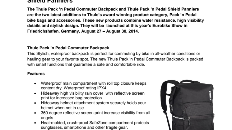 Thule Expands the Award Winning Thule Pack ’n Pedal Category with the Thule Commuter Backpack and the Thule Shield Panniers