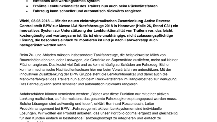 IAA 2018: BPW stellt innovative elektrohydraulische Zusatzlenkung Active Reverse Control vor