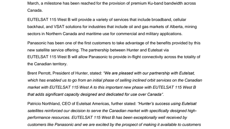 Hunter and Eutelsat gear up for expansion in Canada with EUTELSAT 115 West B satellite