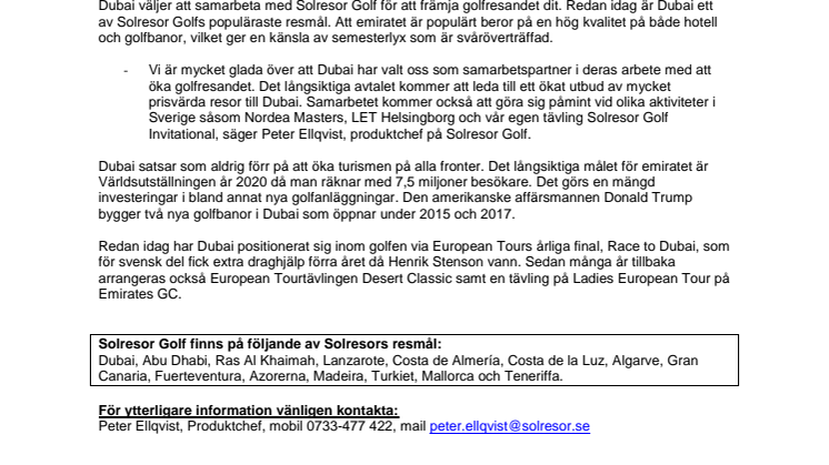 Solresor Golf utökar satsningen på golfresor till Dubai