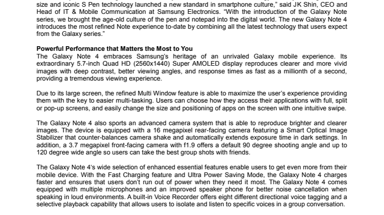 Samsung Introduces the Latest in its Iconic Note Series - The Galaxy Note 4, and Showcases Next Generation Display with Galaxy Note Edge