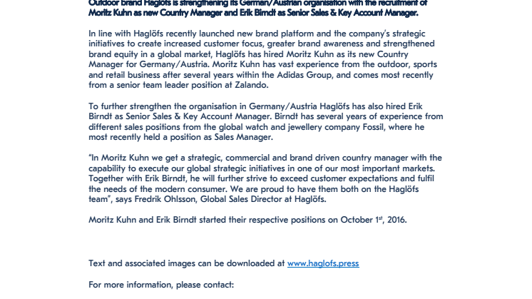 NEW LEADERSHIP AND STRENGHTENED ORGANISATION IN HAGLÖFS GERMANY/AUSTRIA 