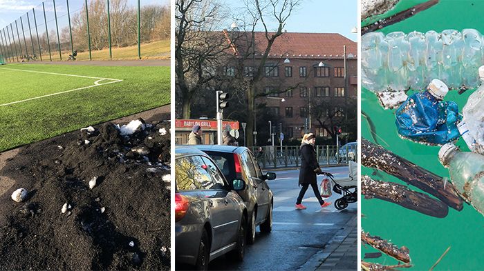 Mikroplast och kemiska ämnen sprids från gummigranulat på konstgräsplaner och medför en stor miljöpåverkan, liksom slitagepartiklar från däck och väg. Plasten påverkar havsmiljön. (Foto Miljöförvaltningen i Malmö stad samt Colourbox).