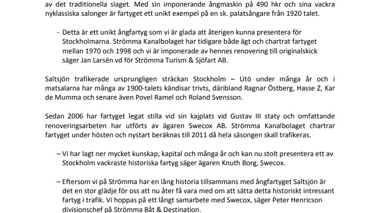 Ångfartyget s/s Saltsjön sätts åter i trafik!
