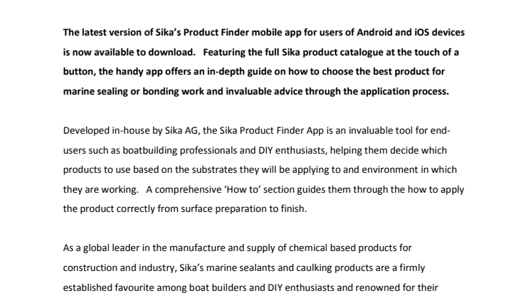 Sika Limited: Latest Sika Product Finder App Now Available for Download