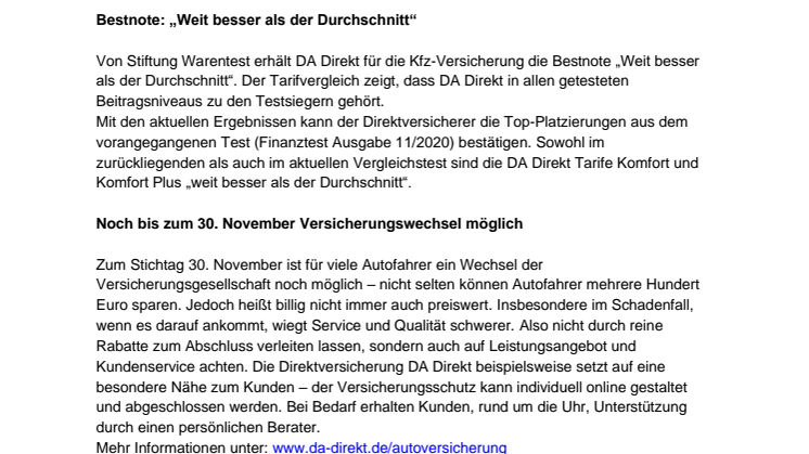Autoversicherung: DA Direkt zum sechsten Mal in Folge Testsieger bei Stiftung Warentest