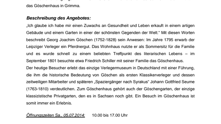 Aktionsangebot Göschenhaus Grimma 05.07.2014