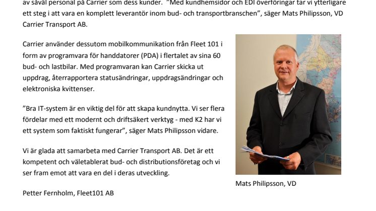 Carrier Transport AB har valt trafikledningssystemet K2 från Fleet 101 AB